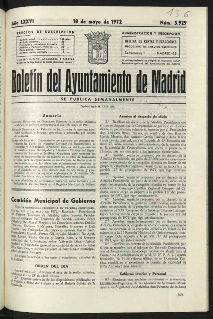 Miniatura de Boletín oficial del Ayuntamiento del 18 de mayo de 1972, nº 3929