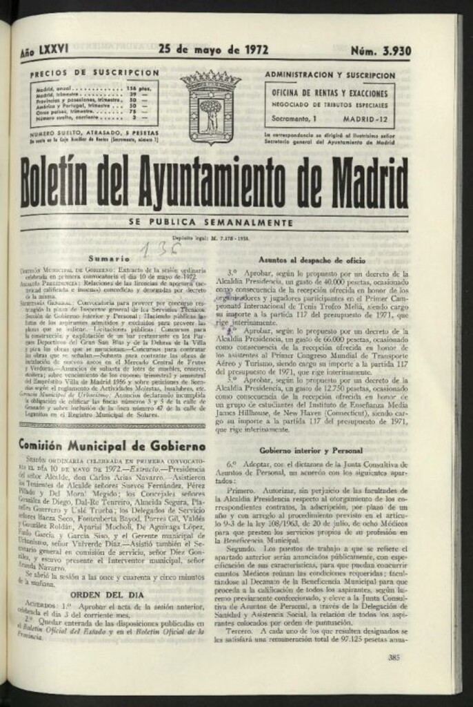 Miniatura de Boletín oficial del Ayuntamiento del 25 de mayo de 1972, nº 3930