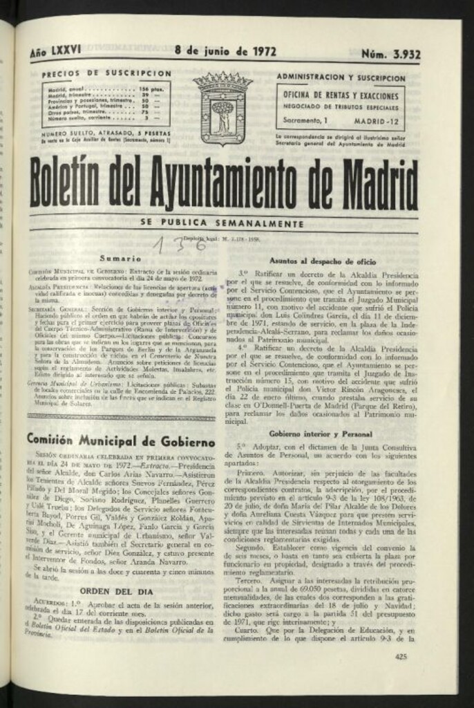 Miniatura de Boletín oficial del Ayuntamiento del 8 de junio de 1972, nº 3932