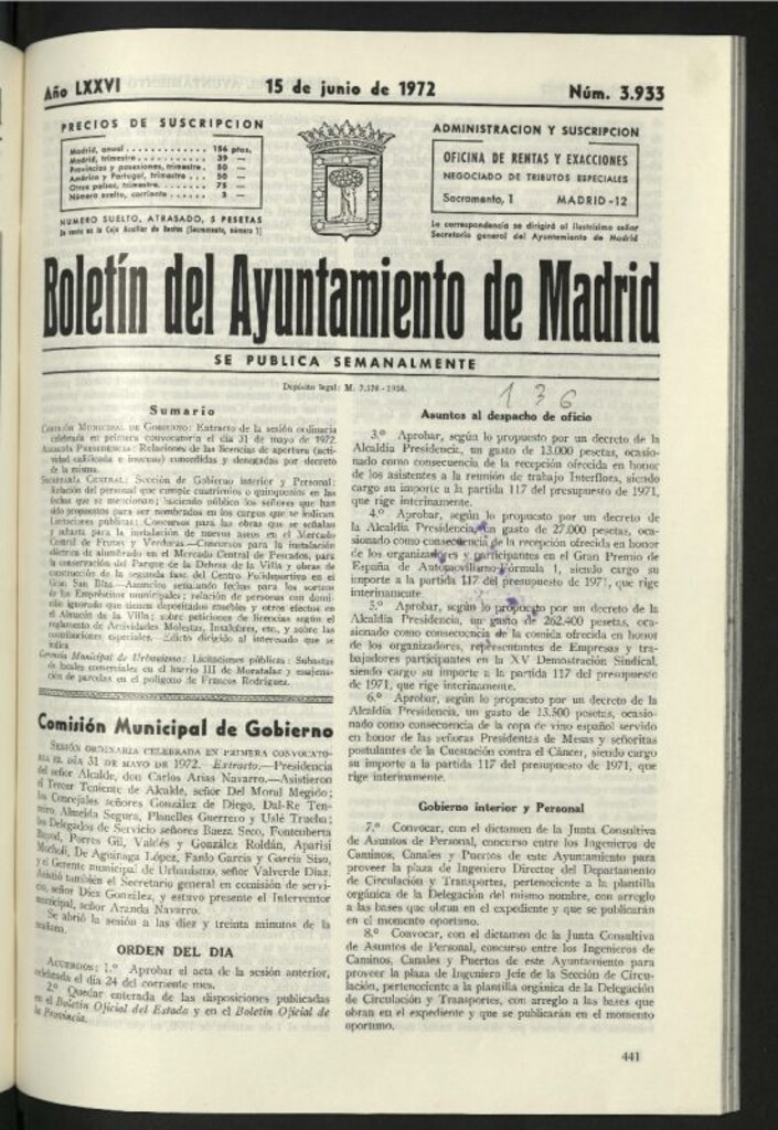 Miniatura de Boletín oficial del Ayuntamiento del 15 de junio de 1972, nº 3933