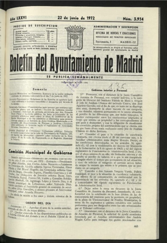 Miniatura de Boletín oficial del Ayuntamiento del 22 de junio de 1972, nº 3934
