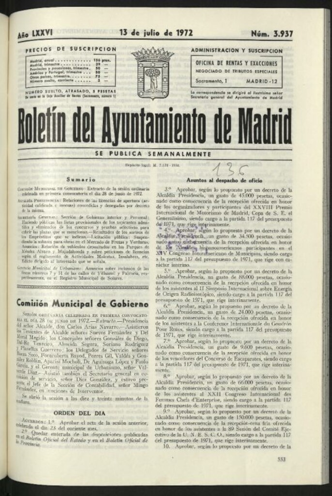 Miniatura de Boletín oficial del Ayuntamiento del 13 de julio de 1972, nº 3937