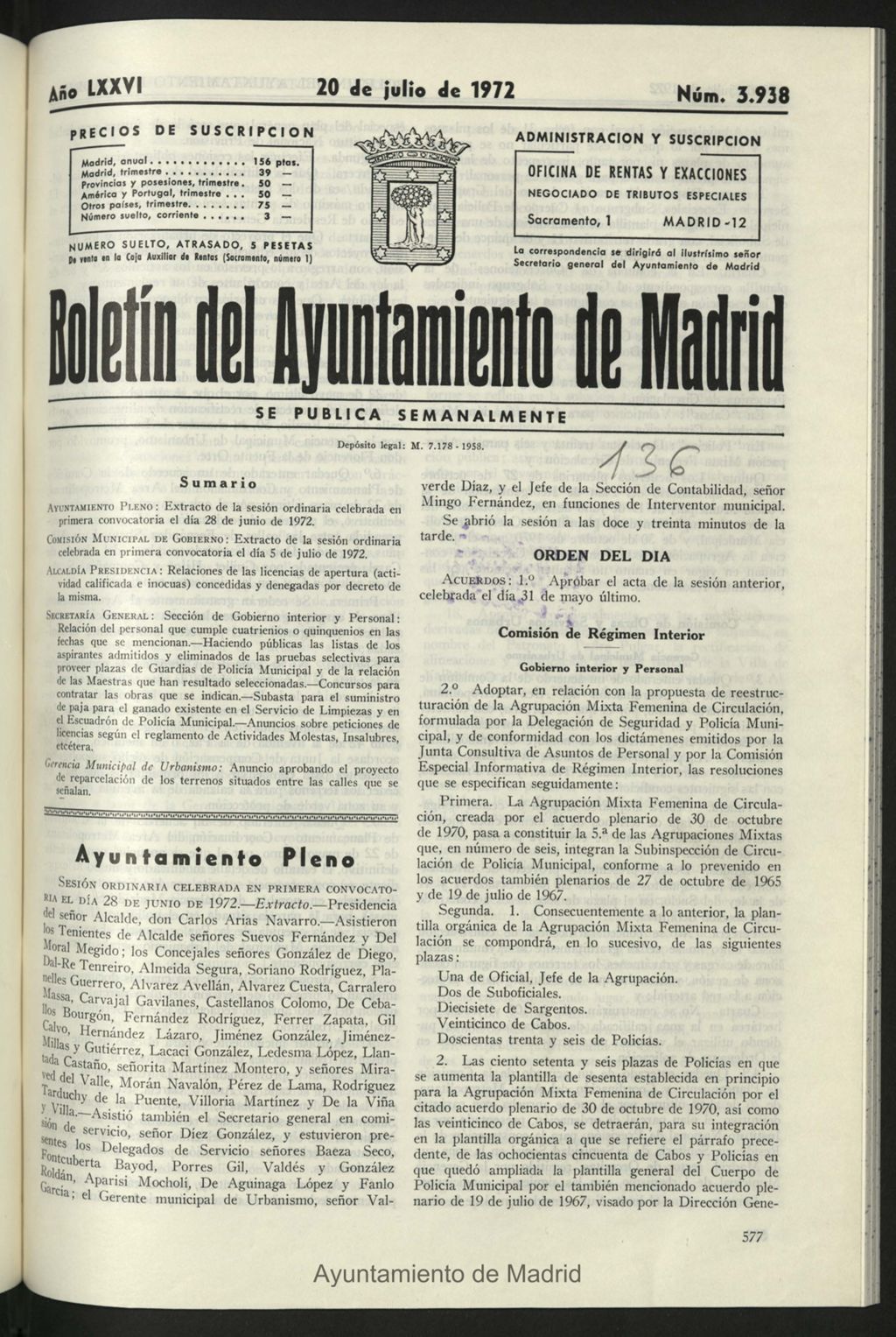 Miniatura de Boletín oficial del Ayuntamiento del 20 de julio de 1972, nº 3938