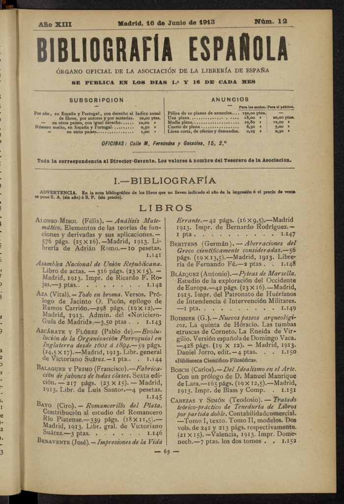 Miniatura de Bibliografía Española del 16 de junio de 1913
