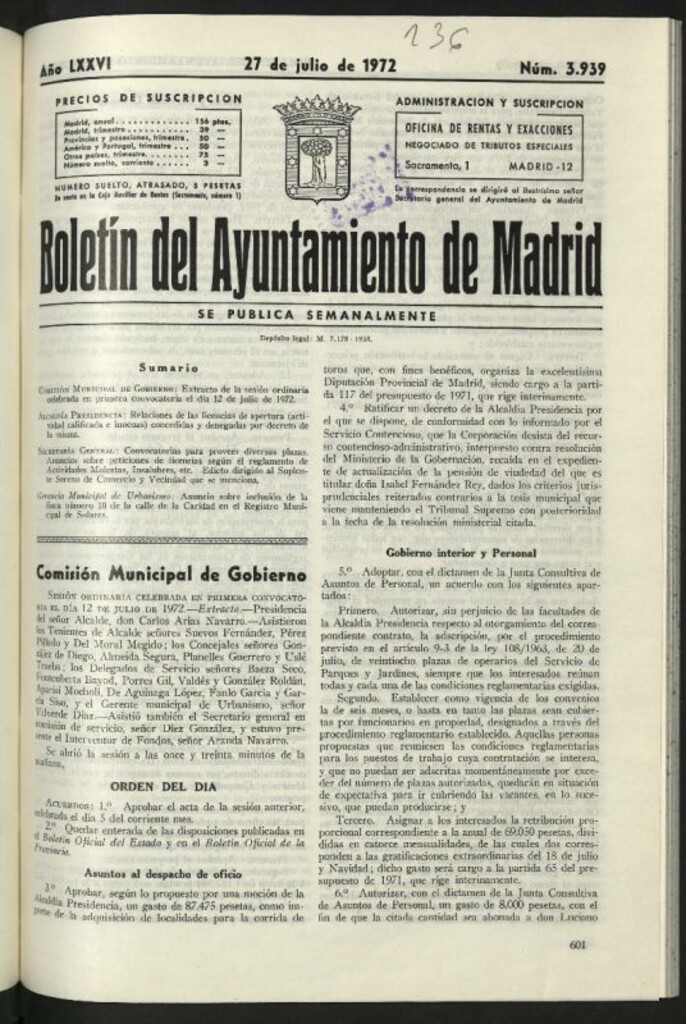 Miniatura de Boletín oficial del Ayuntamiento del 27 de julio de 1972, nº 3939