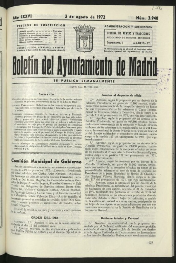 Miniatura de Boletín oficial del Ayuntamiento del 3 de agosto de 1972, nº 3940