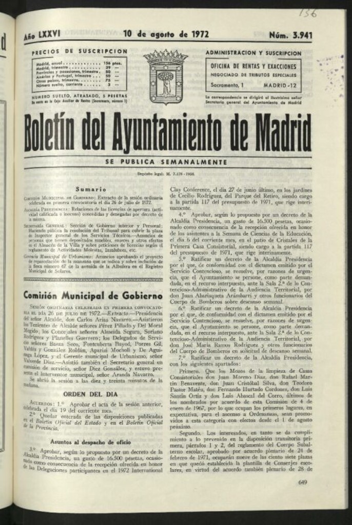 Miniatura de Boletín oficial del Ayuntamiento del 10 de agosto de 1972, nº 3941