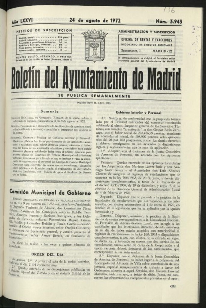 Miniatura de Boletín oficial del Ayuntamiento del 24 de agosto de 1972, nº 3943