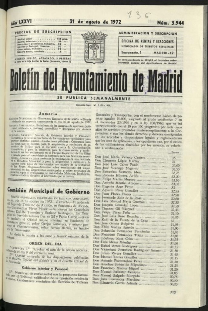 Miniatura de Boletín oficial del Ayuntamiento del 31 de agosto de 1972, nº 3944