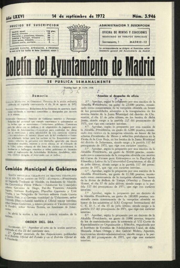 Miniatura de Boletín oficial del Ayuntamiento del 14 de septiembre de 1972, nº 3946