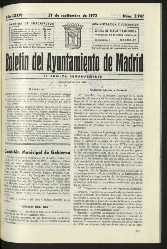 Miniatura de Boletín oficial del Ayuntamiento del 21 de septiembre de 1972, nº 3947
