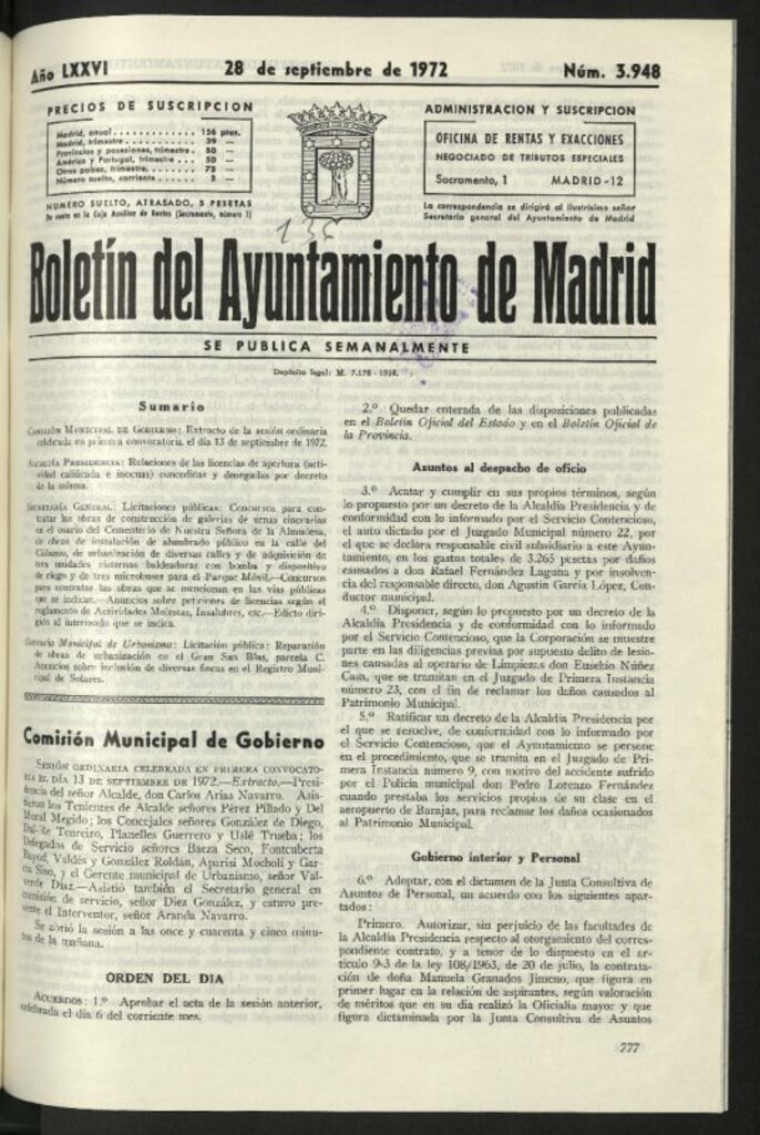 Miniatura de Boletín oficial del Ayuntamiento del 28 de septiembre de 1972, nº 3948
