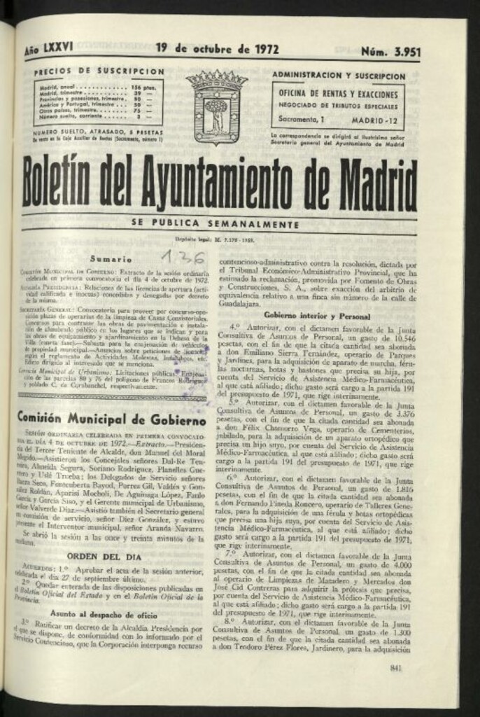 Miniatura de Boletín oficial del Ayuntamiento del 19 de octubre de 1972, nº 3951