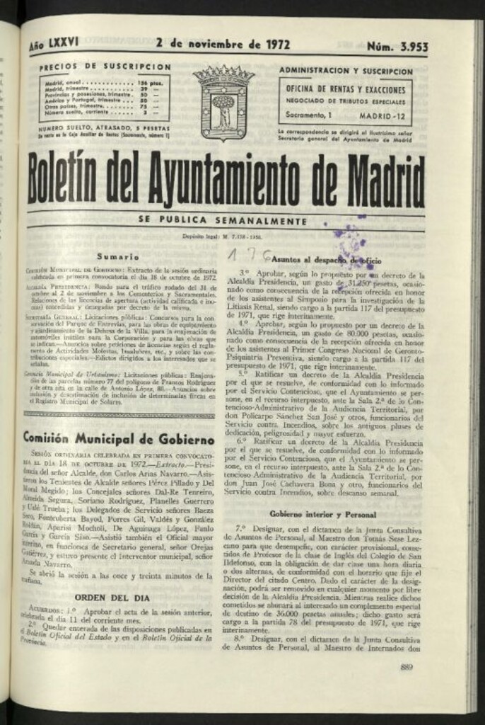 Miniatura de Boletín oficial del Ayuntamiento del 2 de noviembre de 1972, nº 3953