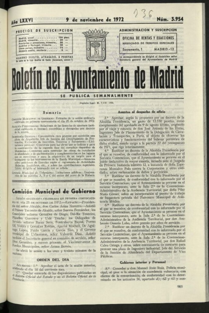 Miniatura de Boletín oficial del Ayuntamiento del 9 de noviembre de 1972, nº 3954