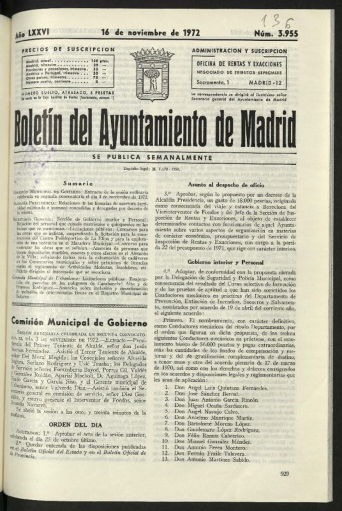 Miniatura de Boletín oficial del Ayuntamiento del 16 de noviembre de 1972, nº 3955