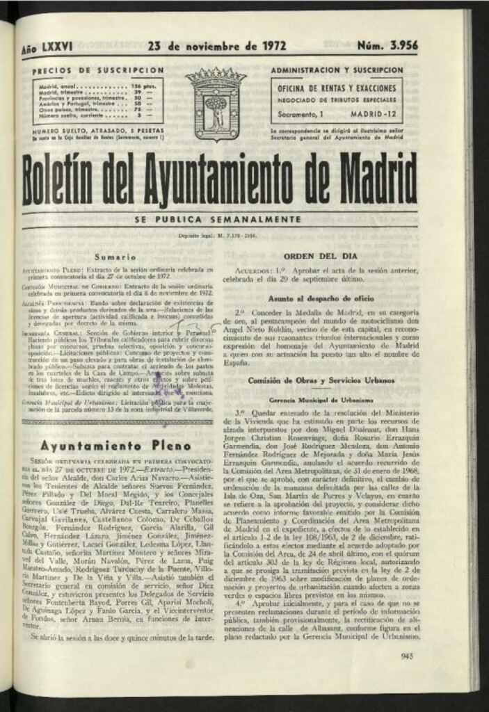 Miniatura de Boletín oficial del Ayuntamiento del 23 de noviembre de 1972, nº 3956