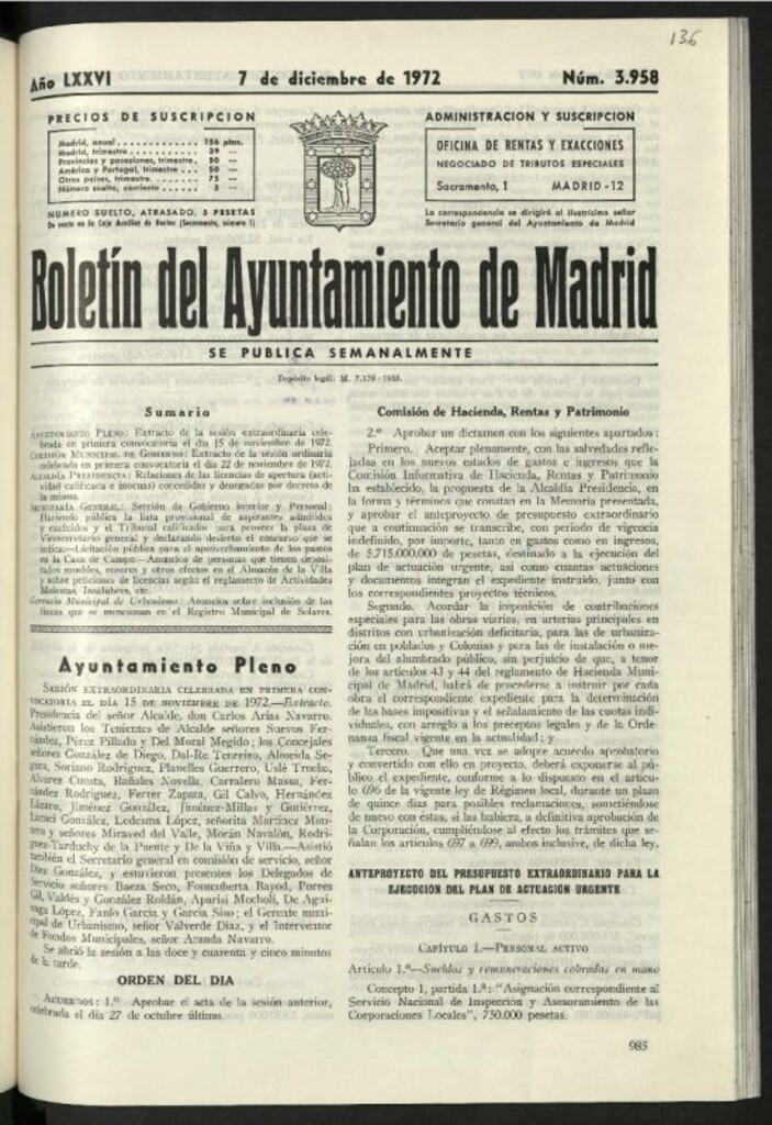 Miniatura de Boletín oficial del Ayuntamiento del 7 de diciembre de 1972, nº 3958