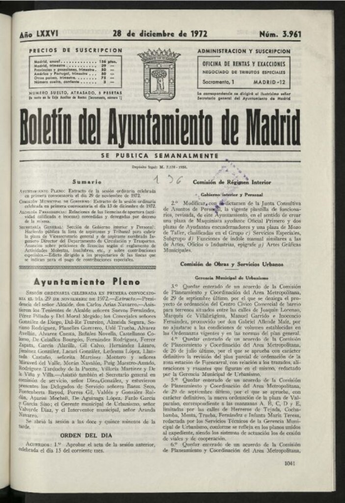 Miniatura de Boletín oficial del Ayuntamiento del 28 de diciembre de 1972, nº 3961