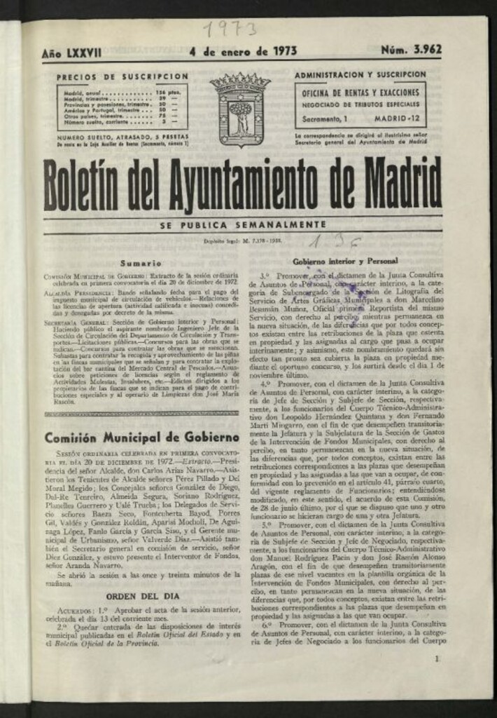 Miniatura de Boletín oficial del Ayuntamiento del 4 de enero de 1973, nº 3962