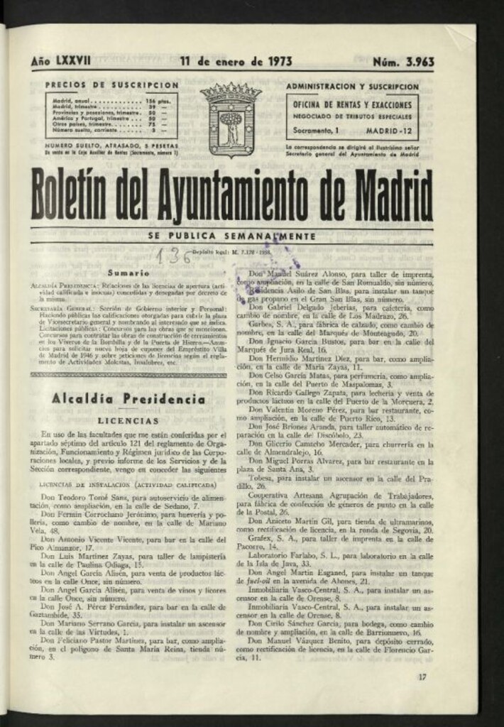 Miniatura de Boletín oficial del Ayuntamiento del 11 de enero de 1973, nº 3963