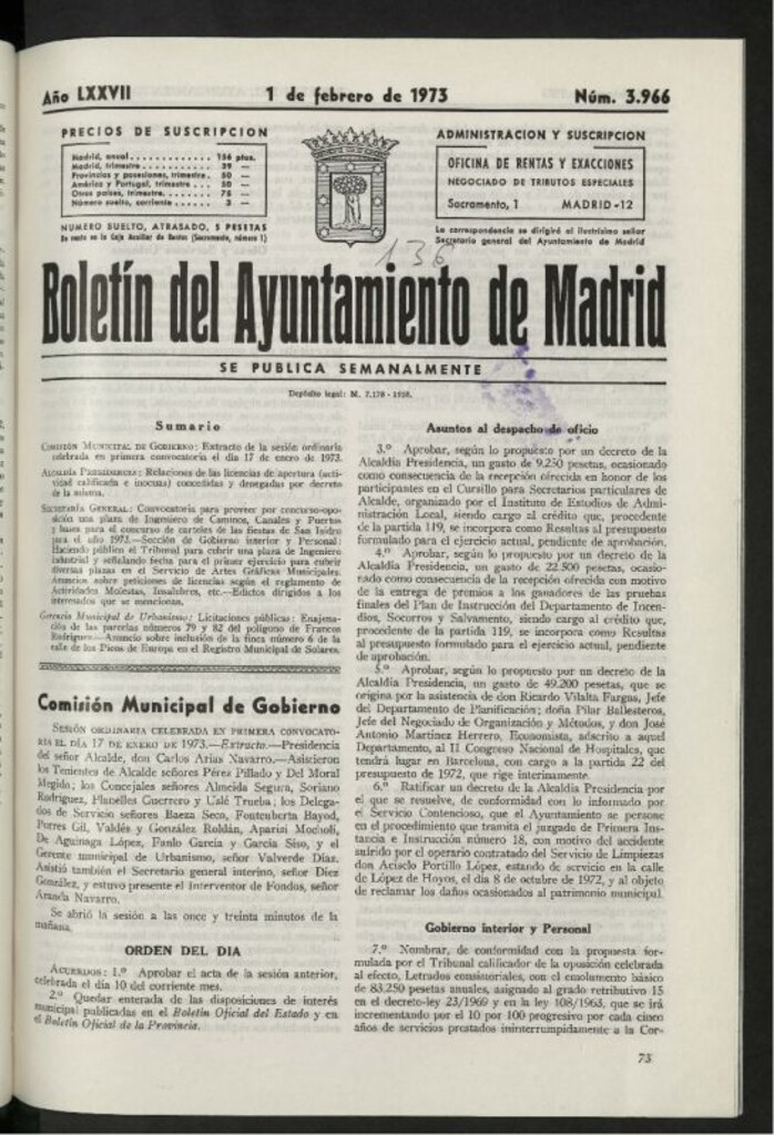 Miniatura de Boletín oficial del Ayuntamiento del 1 de febrero de 1973, nº 3966