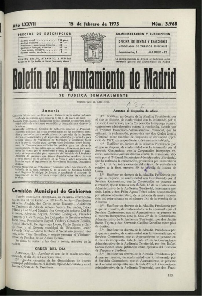 Miniatura de Boletín oficial del Ayuntamiento del 15 de febrero de 1973, nº 3968
