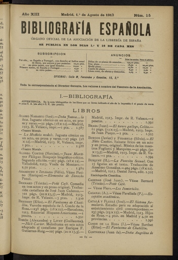 Miniatura de Bibliografía Española del 1 de agosto de 1913