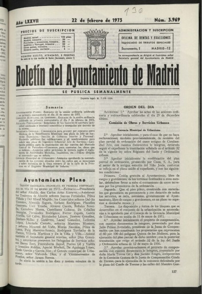 Miniatura de Boletín oficial del Ayuntamiento del 22 de febrero de 1973, nº 3969