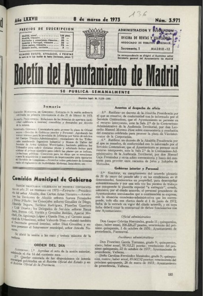 Miniatura de Boletín oficial del Ayuntamiento del 8 de marzo de 1973, nº 3971