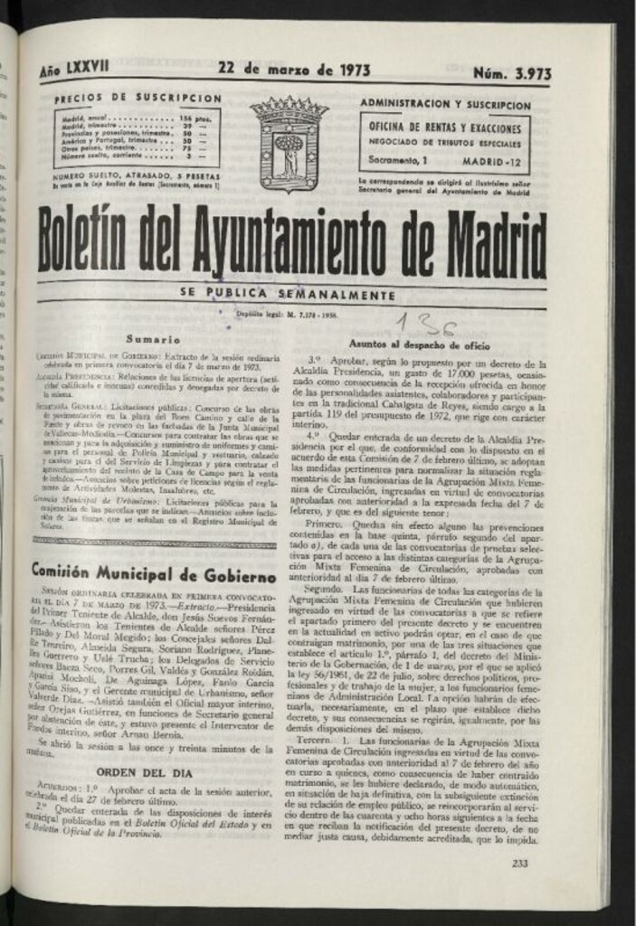 Miniatura de Boletín oficial del Ayuntamiento del 22 de marzo de 1973, nº 3973