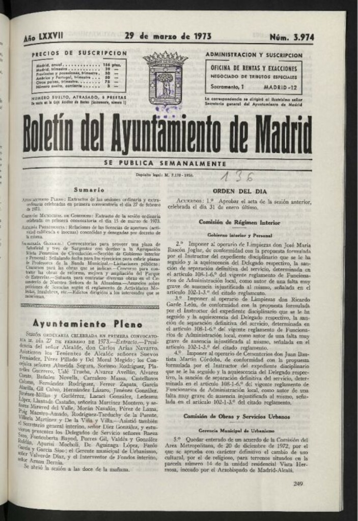 Miniatura de Boletín oficial del Ayuntamiento del 29 de marzo de 1973, nº 3974
