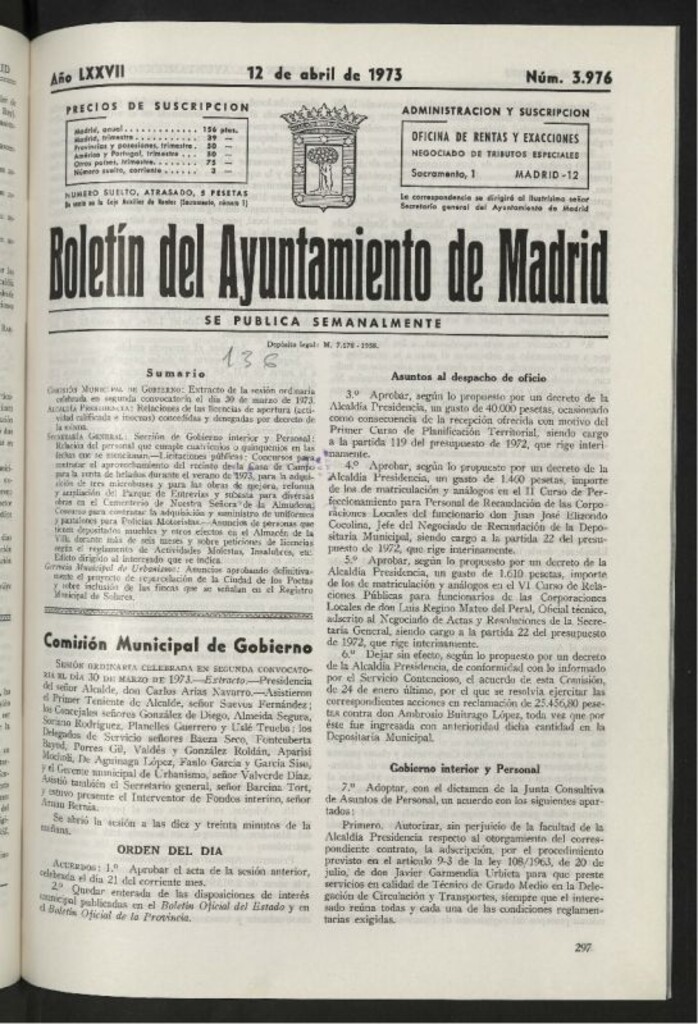 Miniatura de Boletín oficial del Ayuntamiento del 12 de abril de 1973, nº 3976