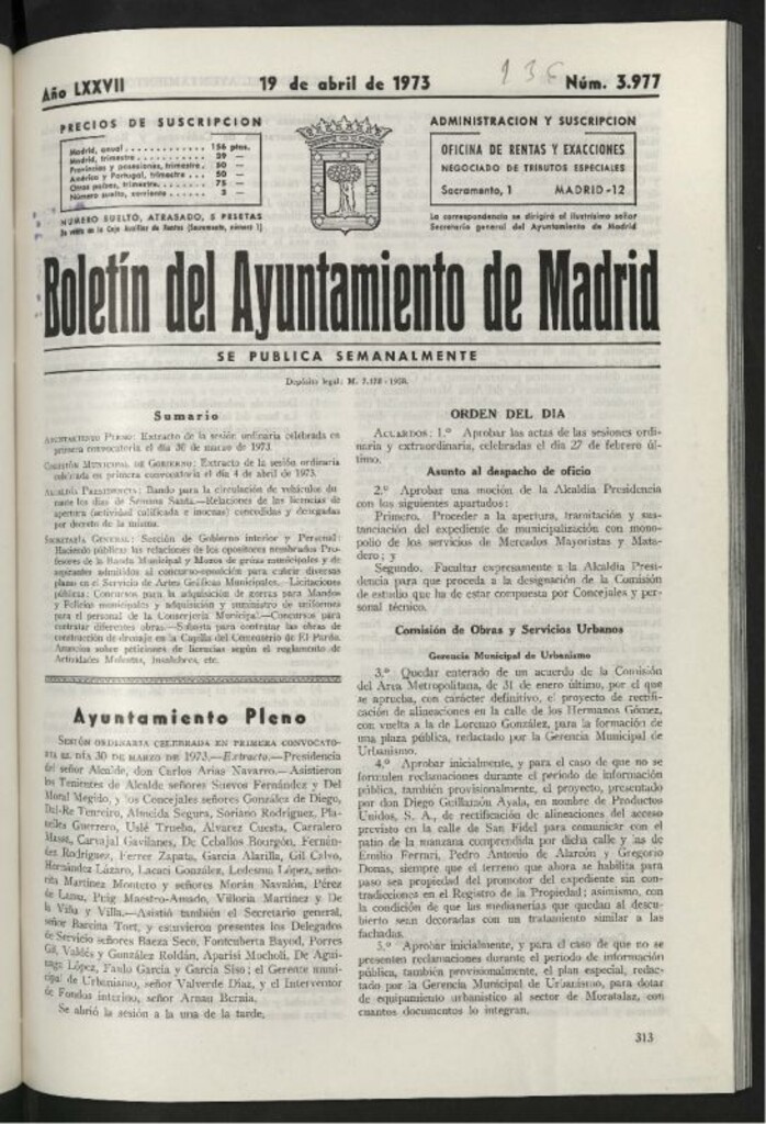 Miniatura de Boletín oficial del Ayuntamiento del 19 de abril de 1973, nº 3977