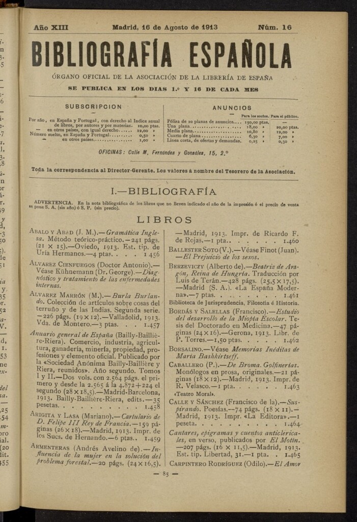 Miniatura de Bibliografía Española del 16 de agosto de 1913