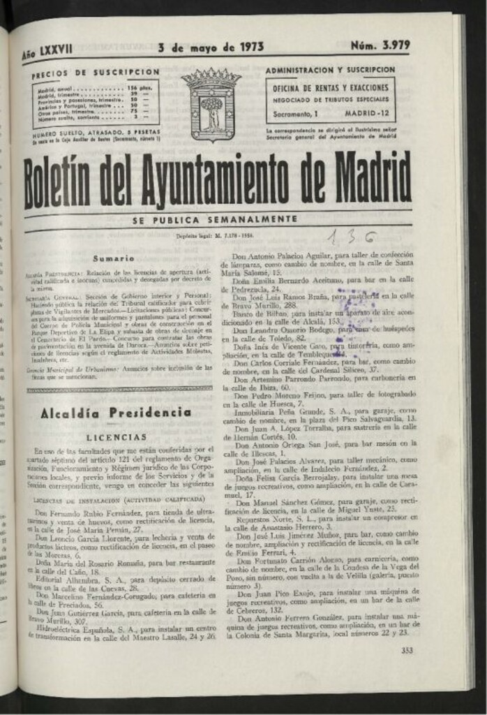 Miniatura de Boletín oficial del Ayuntamiento del 3 de mayo de 1973, nº 3979
