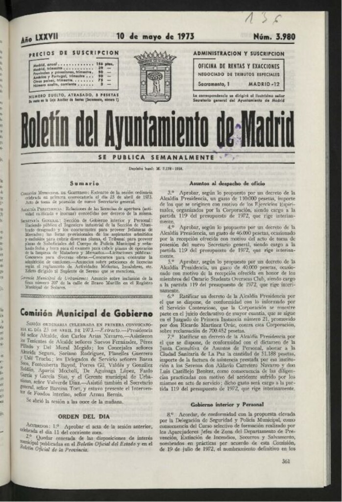 Miniatura de Boletín oficial del Ayuntamiento del 10 de mayo de 1973, nº 3980
