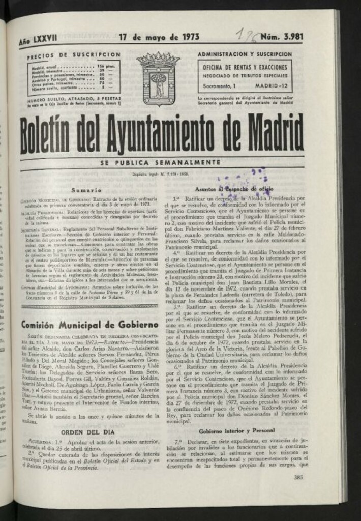 Miniatura de Boletín oficial del Ayuntamiento del 17 de mayo de 1973, nº 3981