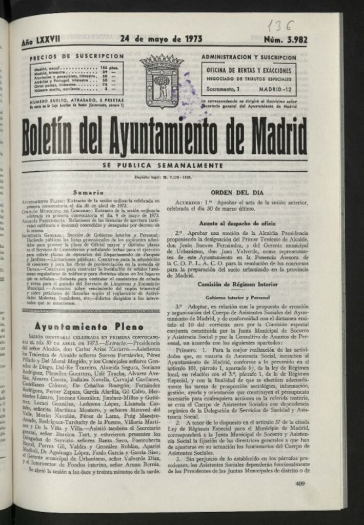 Miniatura de Boletín oficial del Ayuntamiento del 24 de mayo de 1973, nº 3982