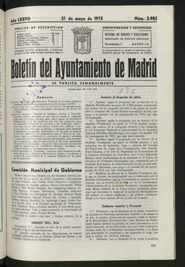 Miniatura de Boletín oficial del Ayuntamiento del 31 de mayo de 1973, nº 3983