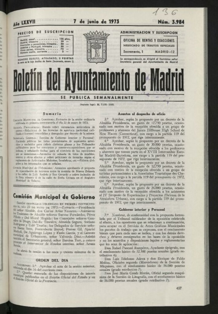 Miniatura de Boletín oficial del Ayuntamiento del 7 de junio de 1973, nº 3984