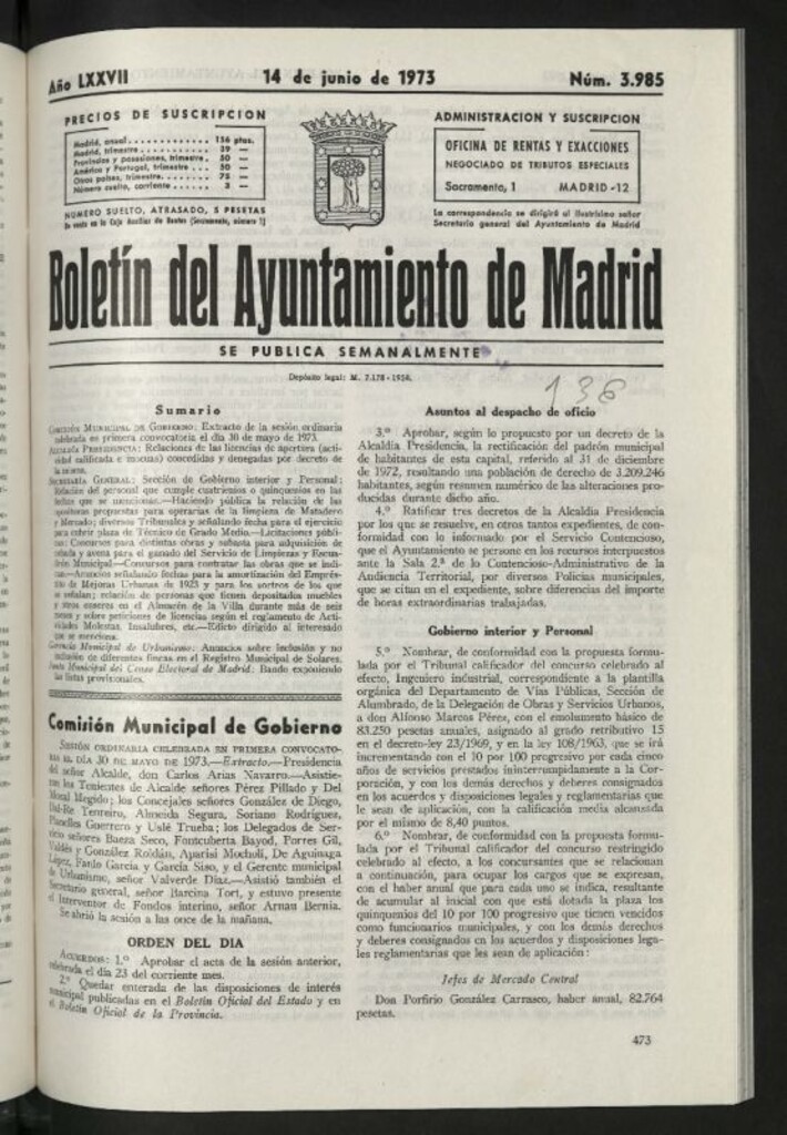 Miniatura de Boletín oficial del Ayuntamiento del 14 de junio de 1973, nº 3985