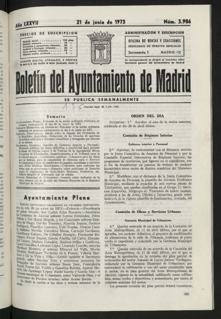 Miniatura de Boletín oficial del Ayuntamiento del 21 de junio de 1973, nº 3986