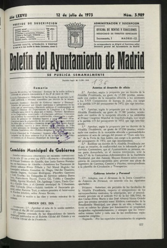 Miniatura de Boletín oficial del Ayuntamiento del 12 de julio de 1973, nº 3989