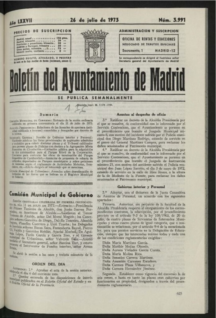 Miniatura de Boletín oficial del Ayuntamiento del 26 de julio de 1973, nº 3991
