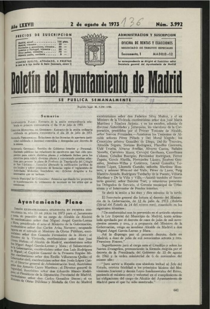 Miniatura de Boletín oficial del Ayuntamiento del 2 de agosto de 1973, nº 3992