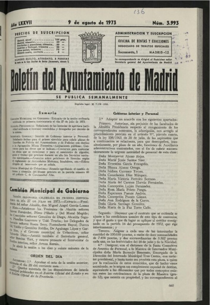 Miniatura de Boletín oficial del Ayuntamiento del 9 de agosto de 1973, nº 3993