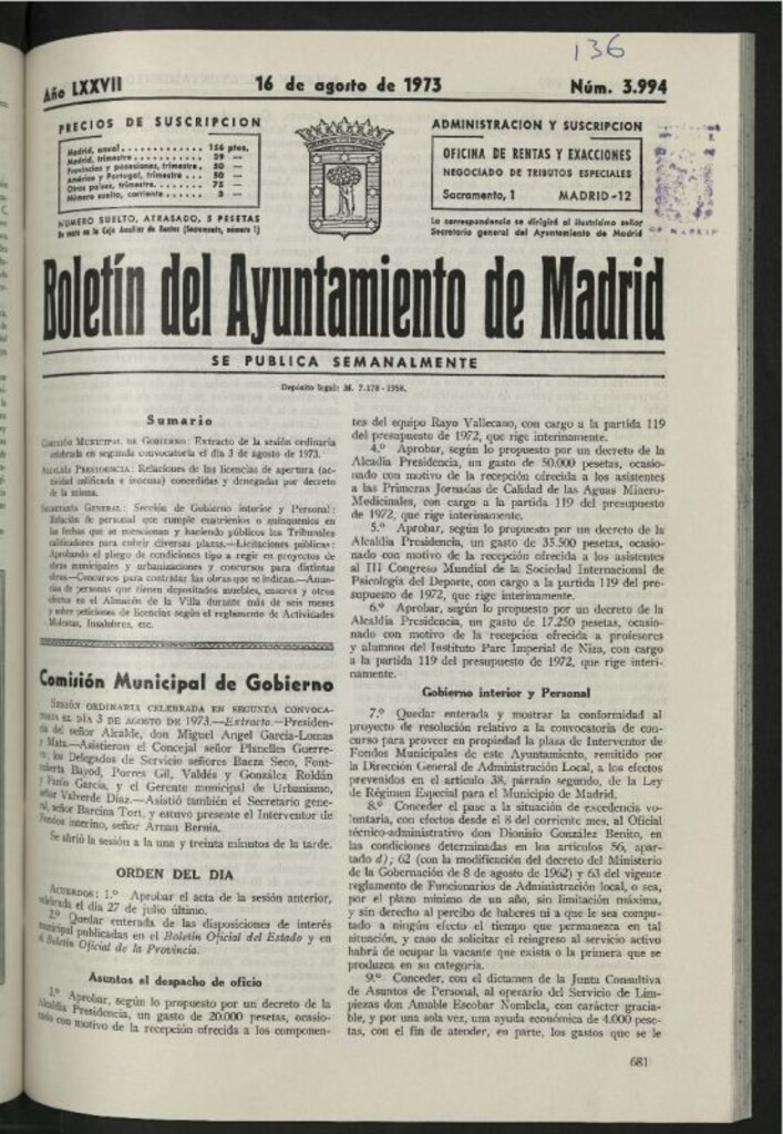 Miniatura de Boletín oficial del Ayuntamiento del 16 de agosto de 1973, nº 3994