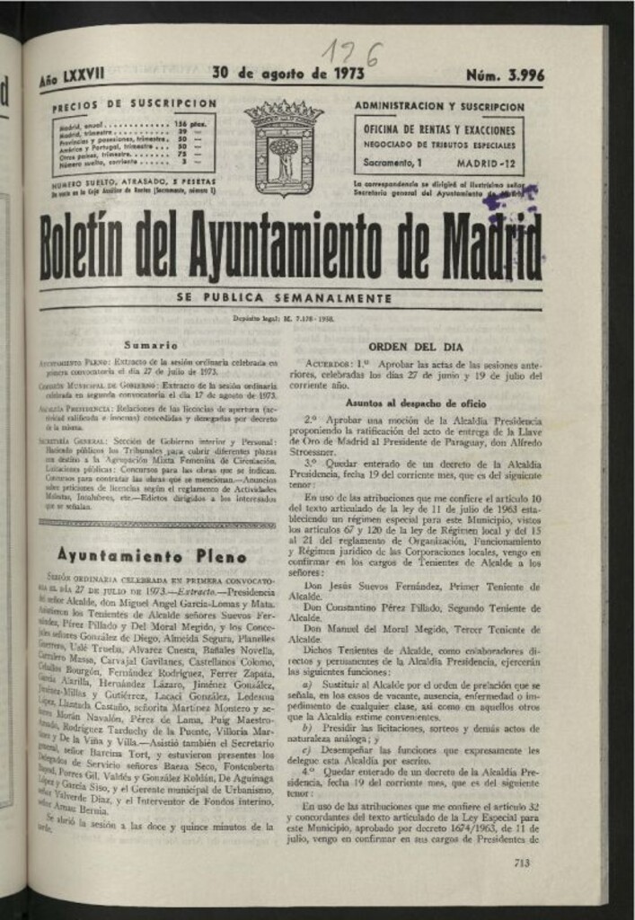Miniatura de Boletín oficial del Ayuntamiento del 30 de agosto de 1973, nº 3996