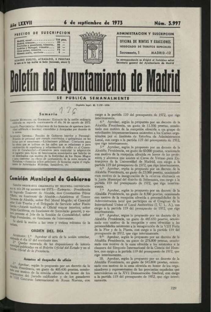 Miniatura de Boletín oficial del Ayuntamiento del 6 de septiembre de 1973, nº 3997